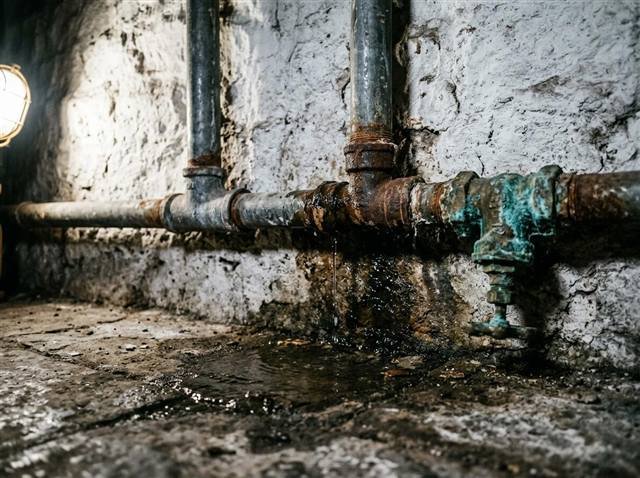 Antes: tubería de plomo y hierro corroída con fuga activa y charco sobre suelo de piedra