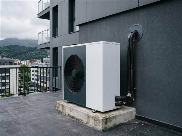 Unidad exterior de aerotermia monobloc instalada sobre bancada de hormigón en la terraza de un edificio de Lakua